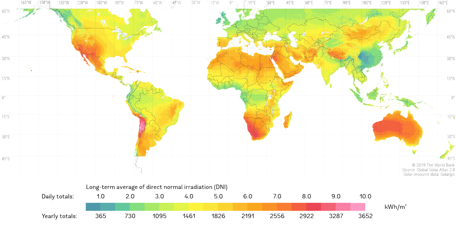 Carte mondiale du DNI (Direct Normal Irradiance) - Global Solar Atlas / World Bank / Solargis